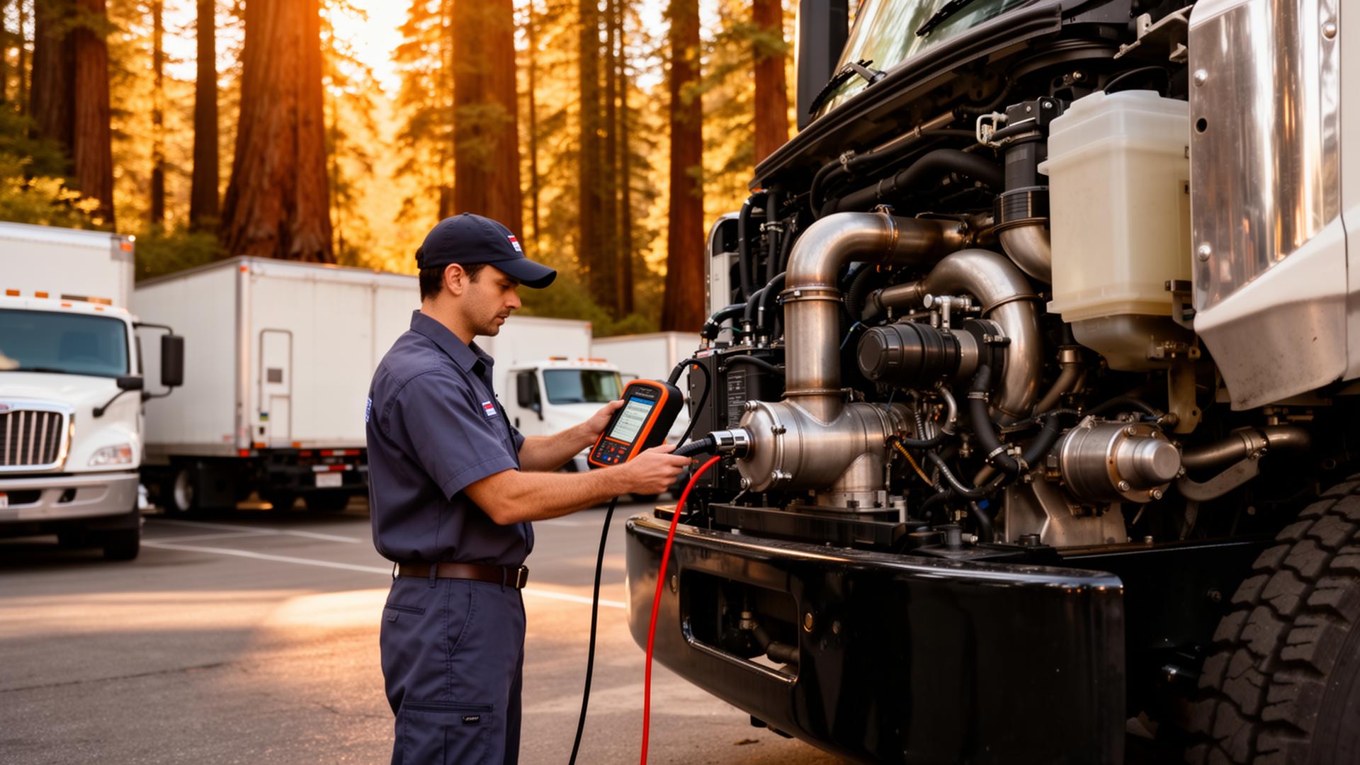 Certified technician performing Clean Truck Check testing on a diesel truck